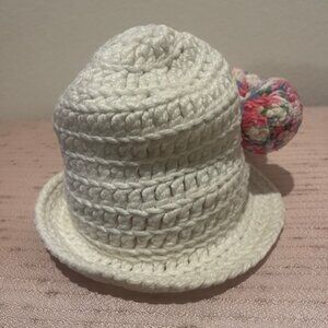 Handmade White Knit Baby/Youth Hat with Pom-Poms